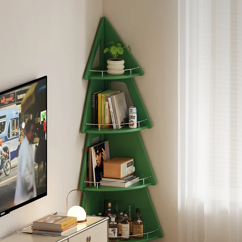 Contemporary Creative Christmas Tree Solid Wood Stainless Steel Space-Saving Corner Storage Shelf 4-Layer For Living Room & Study
