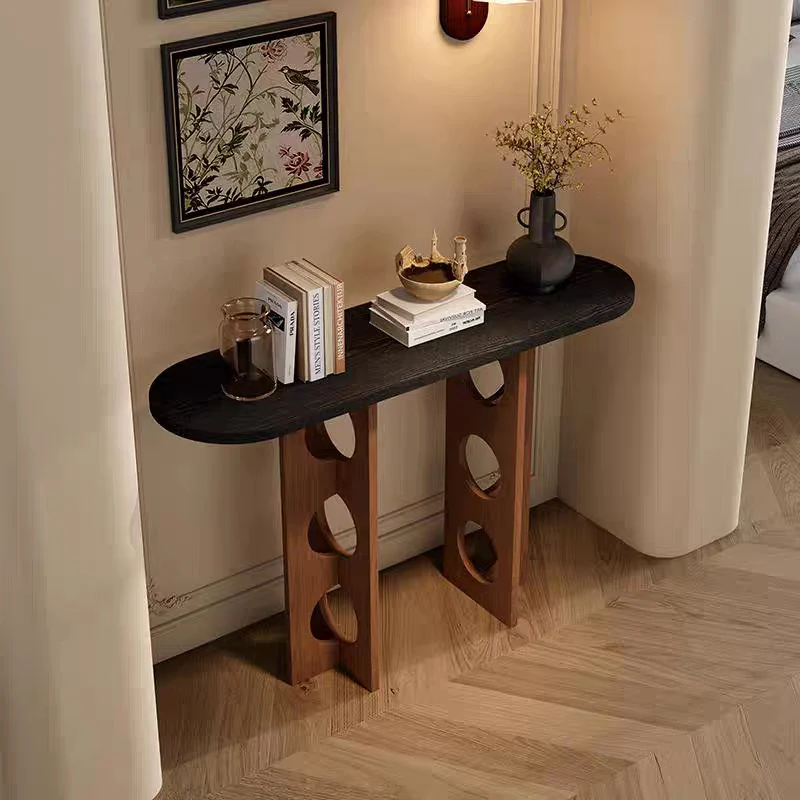 Traditional Vintage Pine Wood Oval Hollow-Out Console Table 1-Tier For Entryway & Hallway