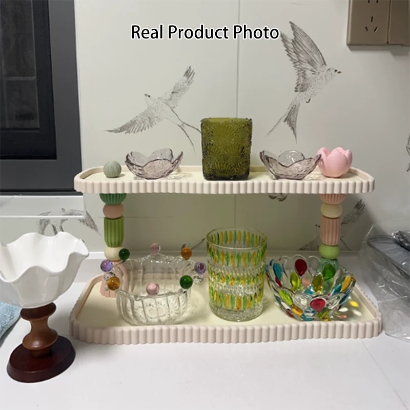Contemporary Creative Plastic Rectangular Desktop Storage Shelf 2-Tier Organizer For Cups, Cosmetics & Perfumes In Living Room & Entryway