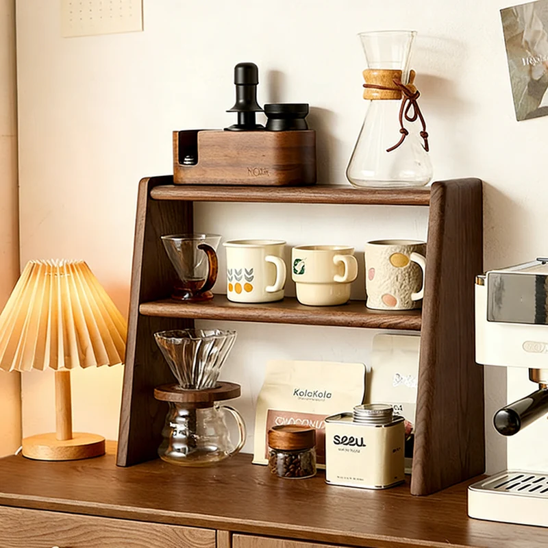Contemporary Retro Elm Wood Rectangular Desktop Storage Shelf 2-Tier For Tea Sets & Coffee Cups For Living Room & Dining Room