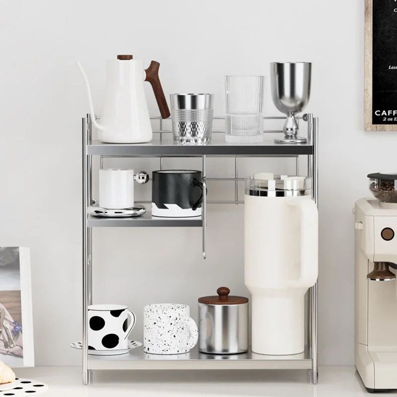 Modern Minimalist Stainless Steel Rectangular Adjustable Desktop Storage Shelf 3-Tier Cup Organizer For Living Room & Dining Room