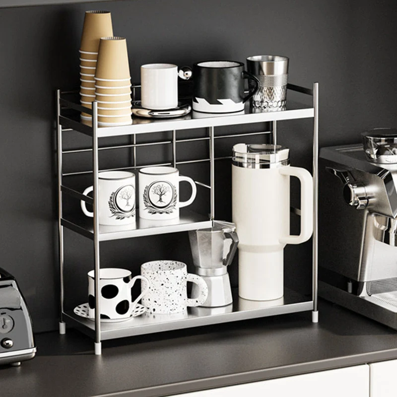 Modern Minimalist Stainless Steel Rectangular Adjustable Desktop Storage Shelf 3-Tier Cup Organizer For Living Room & Dining Room