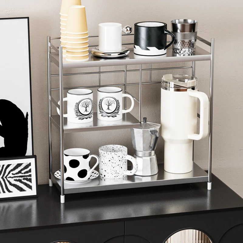Modern Minimalist Stainless Steel Rectangular Adjustable Desktop Storage Shelf 3-Tier Cup Organizer For Living Room & Dining Room