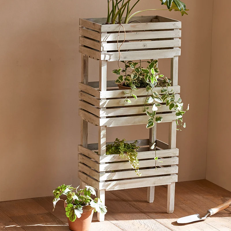 Traditional Rustic Pine Wood Rectangular Indoor Flower Storage Shelf 1/2/3-Tier For Balcony & Living Room