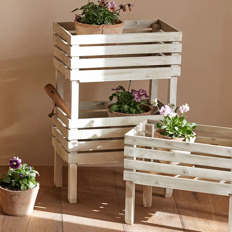 Traditional Rustic Pine Wood Rectangular Indoor Flower Storage Shelf 1/2/3-Tier For Balcony & Living Room