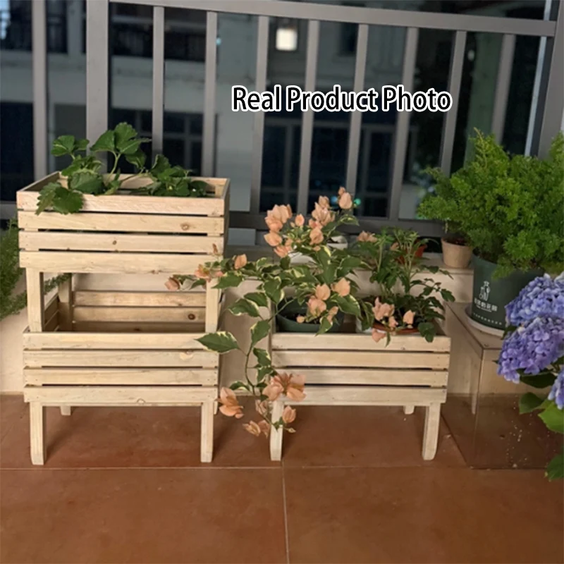 Traditional Rustic Pine Wood Rectangular Indoor Flower Storage Shelf 1/2/3-Tier For Balcony & Living Room