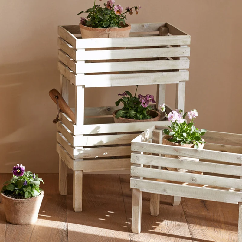 Traditional Rustic Pine Wood Rectangular Indoor Flower Storage Shelf 1/2/3-Tier For Balcony & Living Room
