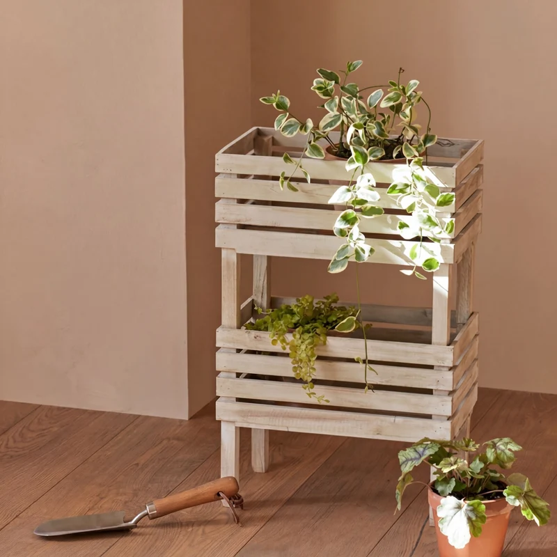 Traditional Rustic Pine Wood Rectangular Indoor Flower Storage Shelf 1/2/3-Tier For Balcony & Living Room