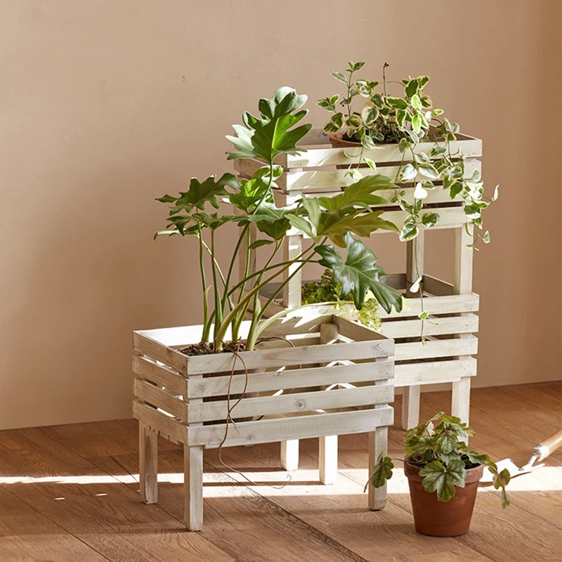 Traditional Rustic Pine Wood Rectangular Indoor Flower Storage Shelf 1/2/3-Tier For Balcony & Living Room