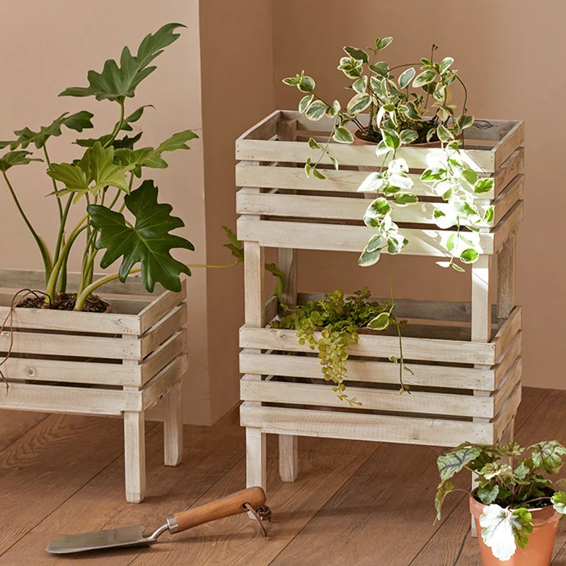 Traditional Rustic Pine Wood Rectangular Indoor Flower Storage Shelf 1/2/3-Tier For Balcony & Living Room