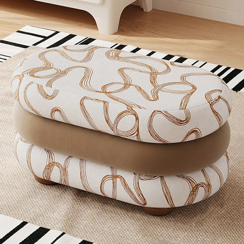 Contemporary Scandinavian Chenille Jacquard Fabric Brushed Fleece Sponge Pine Wood Oval Bench Backless Armless For Entryway & Hallway