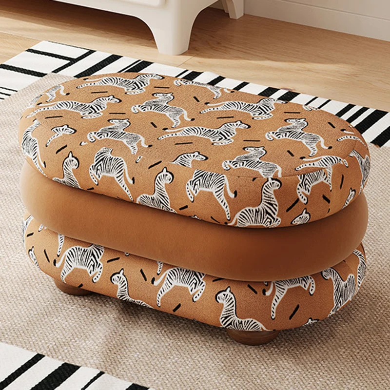 Contemporary Scandinavian Chenille Jacquard Fabric Brushed Fleece Sponge Pine Wood Oval Bench Backless Armless For Entryway & Hallway