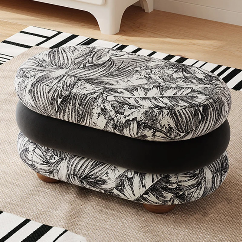 Contemporary Scandinavian Chenille Jacquard Fabric Brushed Fleece Sponge Pine Wood Oval Bench Backless Armless For Entryway & Hallway