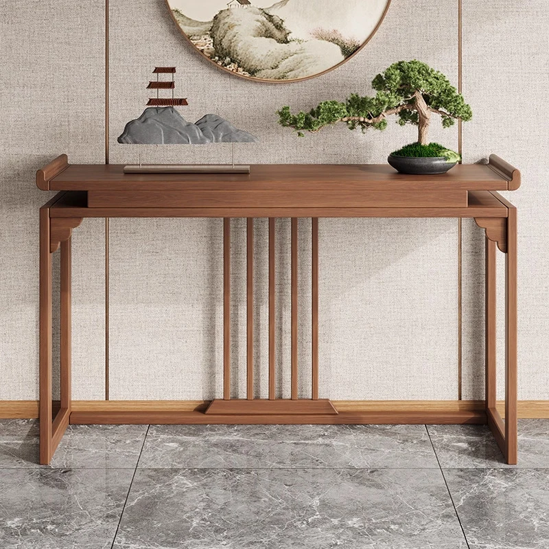 Traditional Chinese Rubberwood Raised Edge Rectangular Stable Sturdy Console Table 1-Tier For Entryway & Hallway