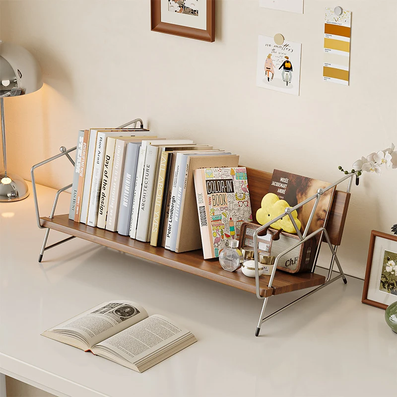 Modern Minimalist Plywood Stainless Steel Carbon Steel Rectangular Lightweight Desktop Bookshelf 1-Layer For Bedroom & Study