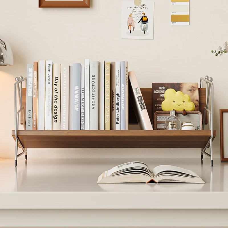 Modern Minimalist Plywood Stainless Steel Carbon Steel Rectangular Lightweight Desktop Bookshelf 1-Layer For Bedroom & Study