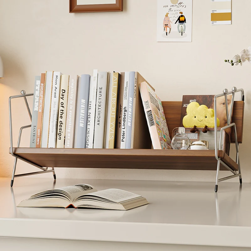 Modern Minimalist Plywood Stainless Steel Carbon Steel Rectangular Lightweight Desktop Bookshelf 1-Layer For Bedroom & Study