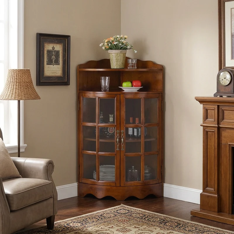 Traditional European Solid Wood & Plywood Glass Metal Triangular Corner Storage Cabinet With 5-Tier Double Doors For Living Room