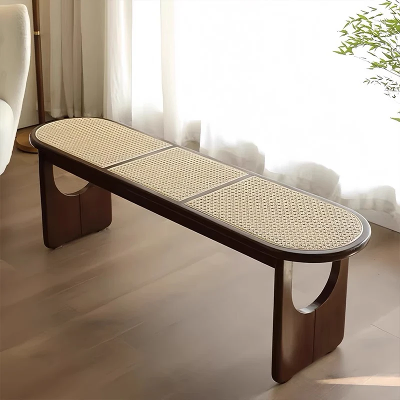 Contemporary Scandinavian Ellipse PE Rattan Weaving Rubberwood Bench Backless Armless For Living Room
