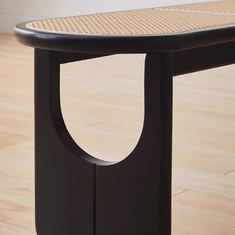 Contemporary Scandinavian Ellipse PE Rattan Weaving Rubberwood Bench Backless Armless For Living Room