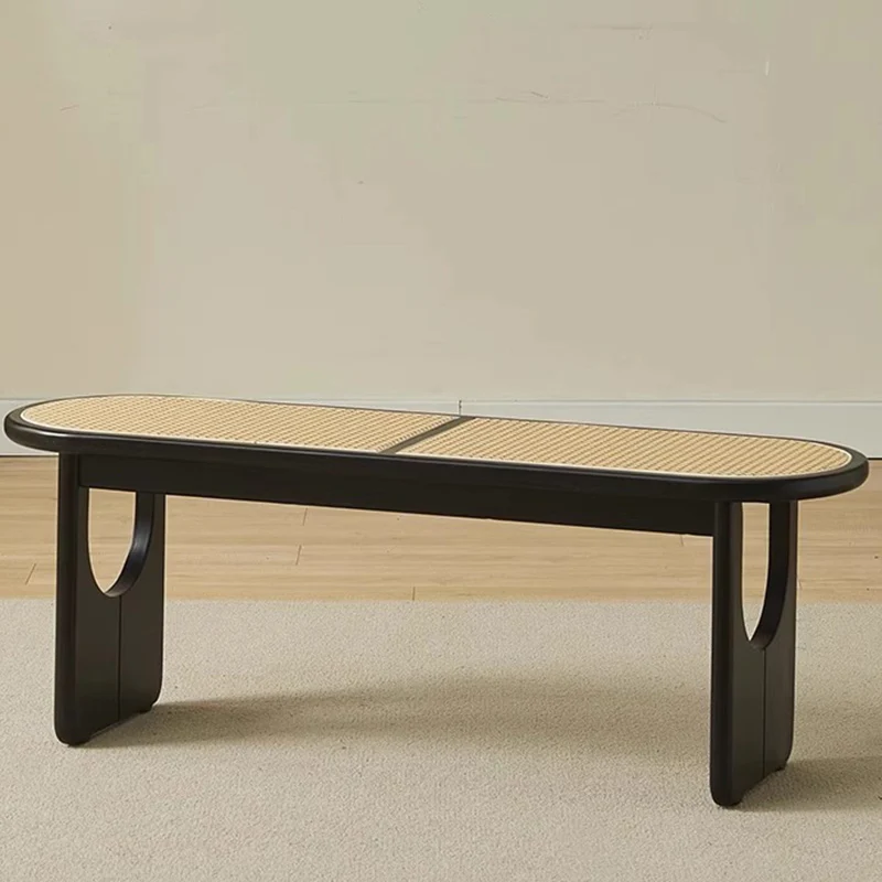 Contemporary Scandinavian Ellipse PE Rattan Weaving Rubberwood Bench Backless Armless For Living Room