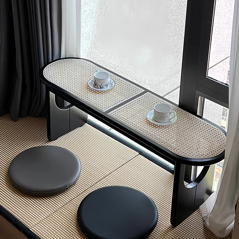 Contemporary Scandinavian Ellipse PE Rattan Weaving Rubberwood Bench Backless Armless For Living Room