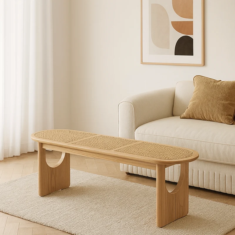 Contemporary Scandinavian Ellipse PE Rattan Weaving Rubberwood Bench Backless Armless For Living Room