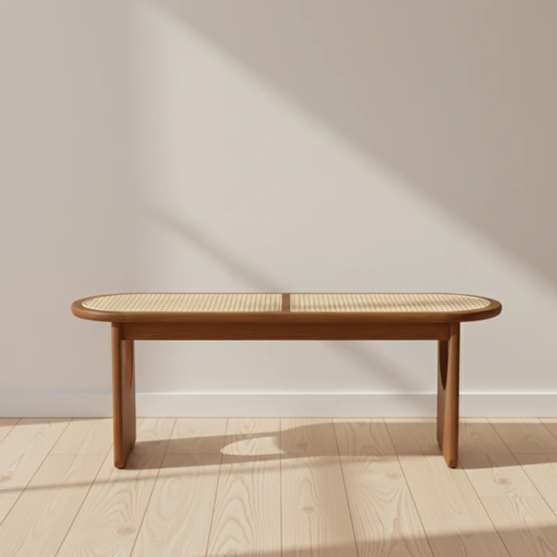 Contemporary Scandinavian Ellipse PE Rattan Weaving Rubberwood Bench Backless Armless For Living Room