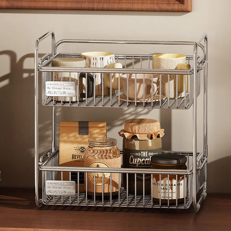 Modern Minimalist Stainless Steel Rectangular Removable Desktop Storage Shelf 2-Tier For Dining Room & Living Room