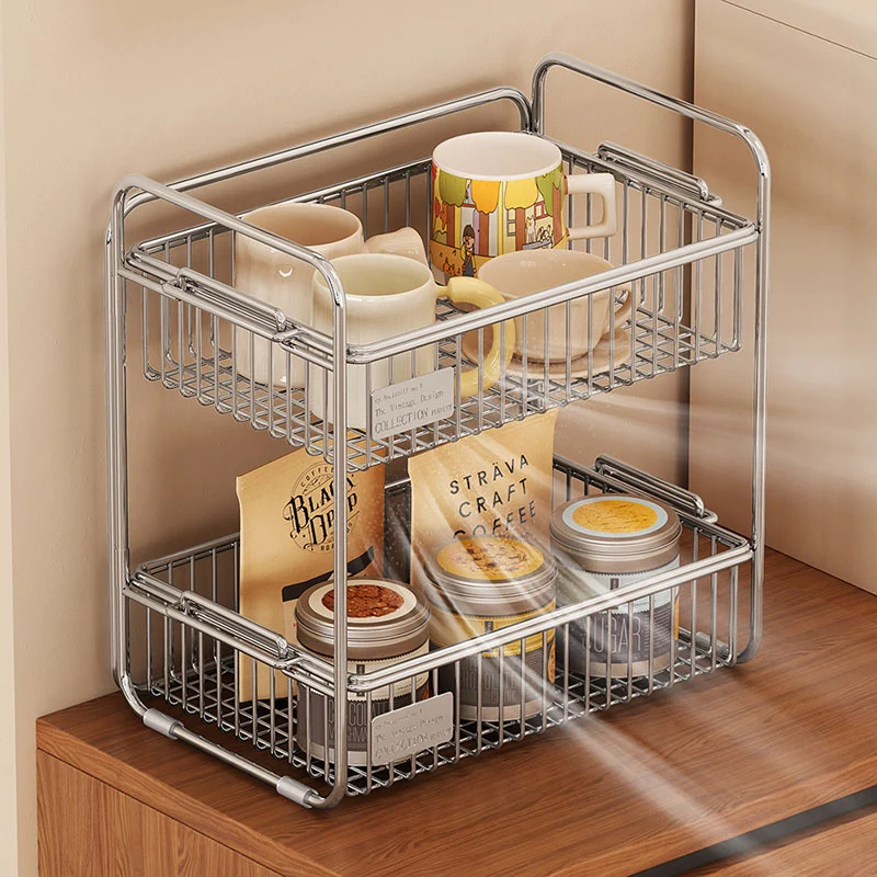 Modern Minimalist Stainless Steel Rectangular Removable Desktop Storage Shelf 2-Tier For Dining Room & Living Room