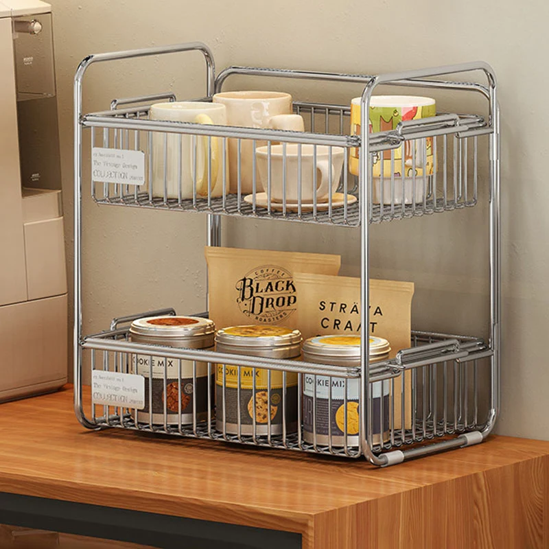 Modern Minimalist Stainless Steel Rectangular Removable Desktop Storage Shelf 2-Tier For Dining Room & Living Room