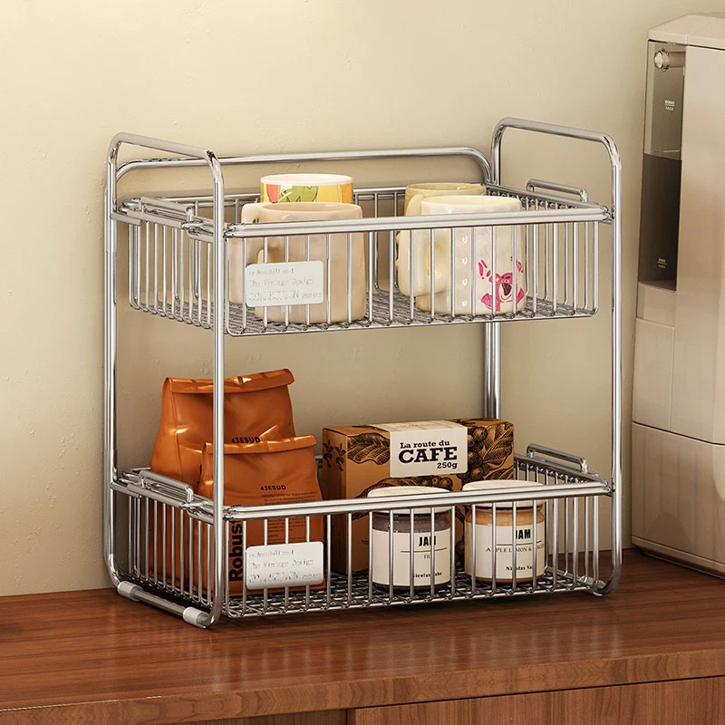 Modern Minimalist Stainless Steel Rectangular Removable Desktop Storage Shelf 2-Tier For Dining Room & Living Room