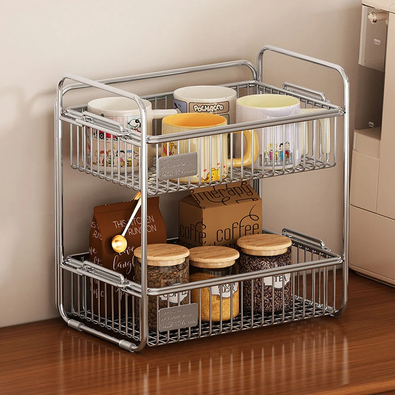 Modern Minimalist Stainless Steel Rectangular Removable Desktop Storage Shelf 2-Tier For Dining Room & Living Room