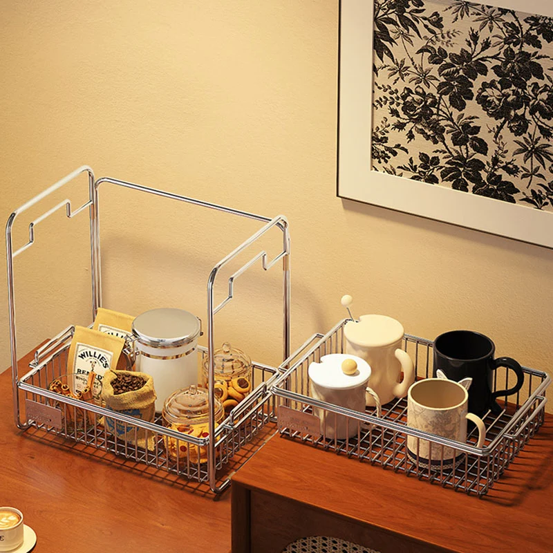 Modern Minimalist Stainless Steel Rectangular Removable Desktop Storage Shelf 2-Tier For Dining Room & Living Room