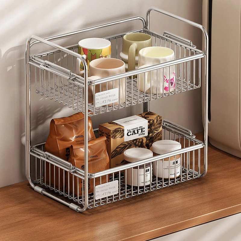 Modern Minimalist Stainless Steel Rectangular Removable Desktop Storage Shelf 2-Tier For Dining Room & Living Room