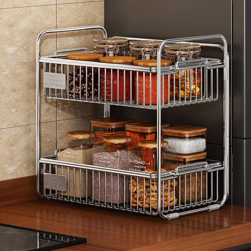 Modern Minimalist Stainless Steel Rectangular Removable Desktop Storage Shelf 2-Tier For Dining Room & Living Room