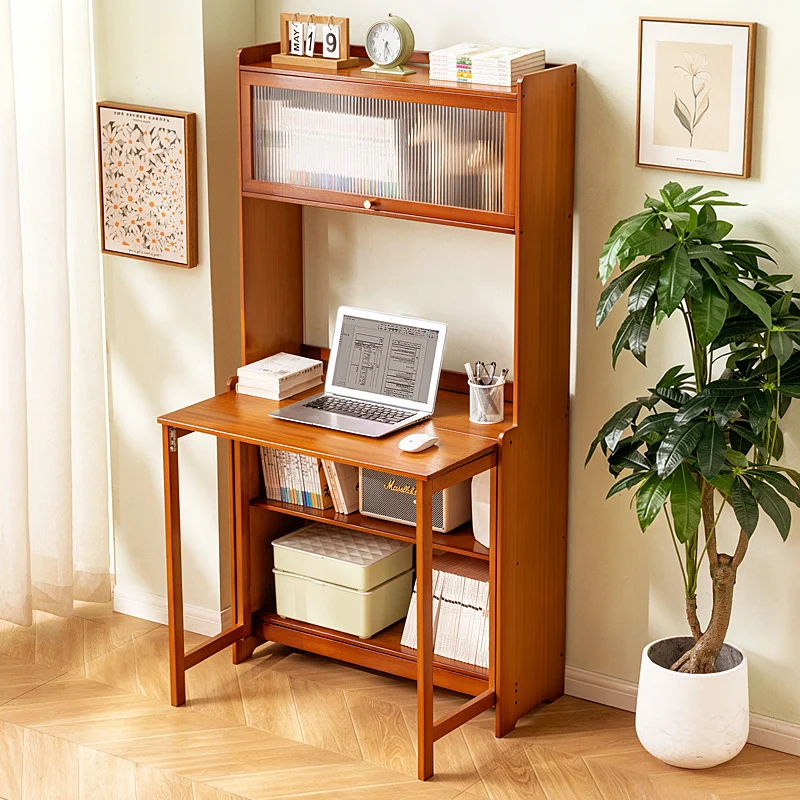 Traditional Vintage Bamboo MDF Acrylic Foldable Rectangular Kids Study Desk Chair Set With 4-Tier For Living Room