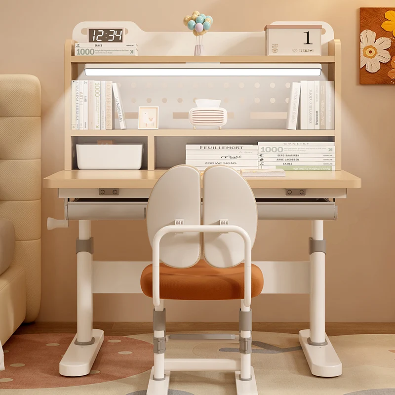 Traditional Chinese MDF Cold Rolled Steel Hand Crank Adjustable Rectangular Kids Study Desk Chair Set With 3-Tier For Bedroom