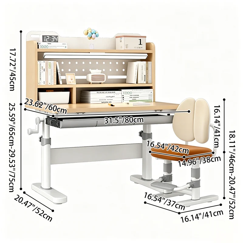 Traditional Chinese MDF Cold Rolled Steel Hand Crank Adjustable Rectangular Kids Study Desk Chair Set With 3-Tier For Bedroom
