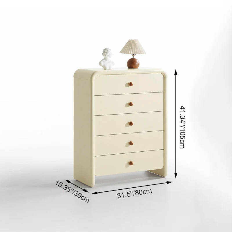 Vertical Cream MDF Tall Chest - Large Capacity Partitioned 5-Drawer Storage Cabinet For Living Room & Bedroom