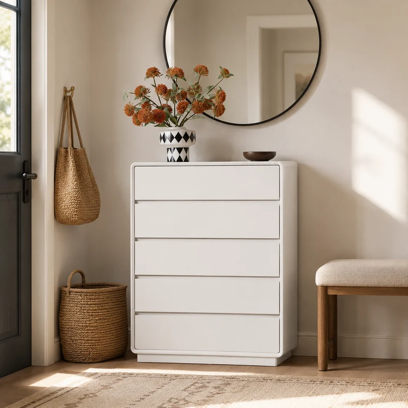 Slim Tall MDF Storage Dresser - Scandinavian 5-Drawer MDF Vertical Storage Cabinet For Bedroom