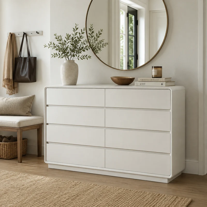 Scandinavian MDF 8-Drawer Wide Dresser - Hidden Pull Handles Storage Cabinet For Bedroom