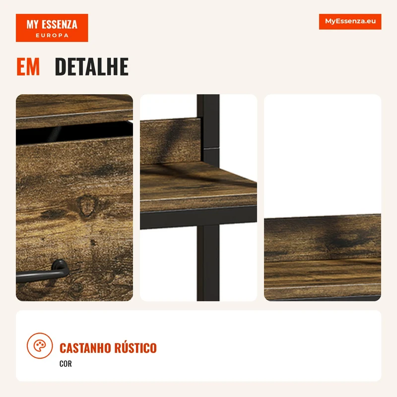 Estante de 4 Níveis Prateleira de Arrumação Estreita com Gaveta 8 Ganchos 39x26x136,5 cm Castanho Rústico