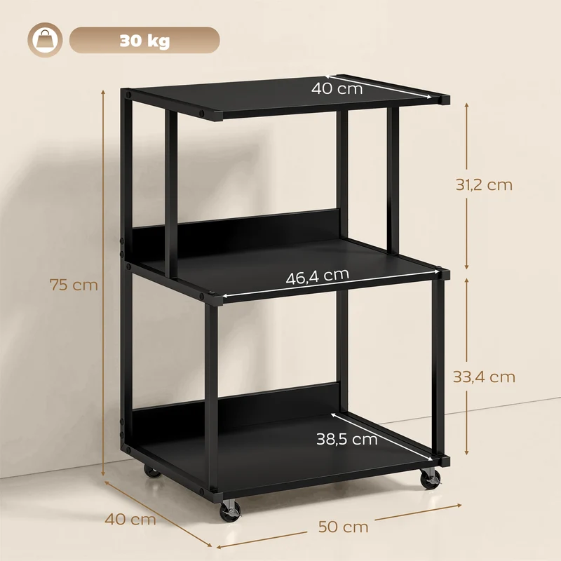 Suporte para Impressora 3 Níveis com Rodízios Mesinha Industrial Metálica para Escritório Preto