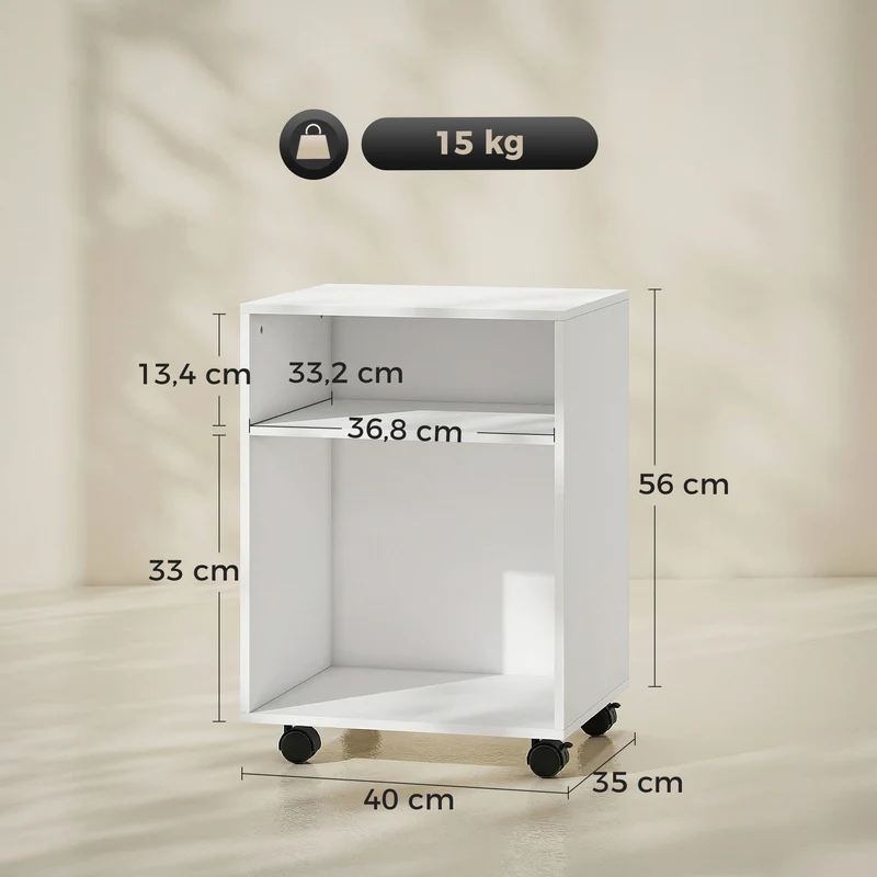 Suporte para Impressora Mesa com 2 Prateleiras Abertas e Rodízios com Trava para Escritório e Casa Fax e Digitalizador 40x35x56 cm Branco