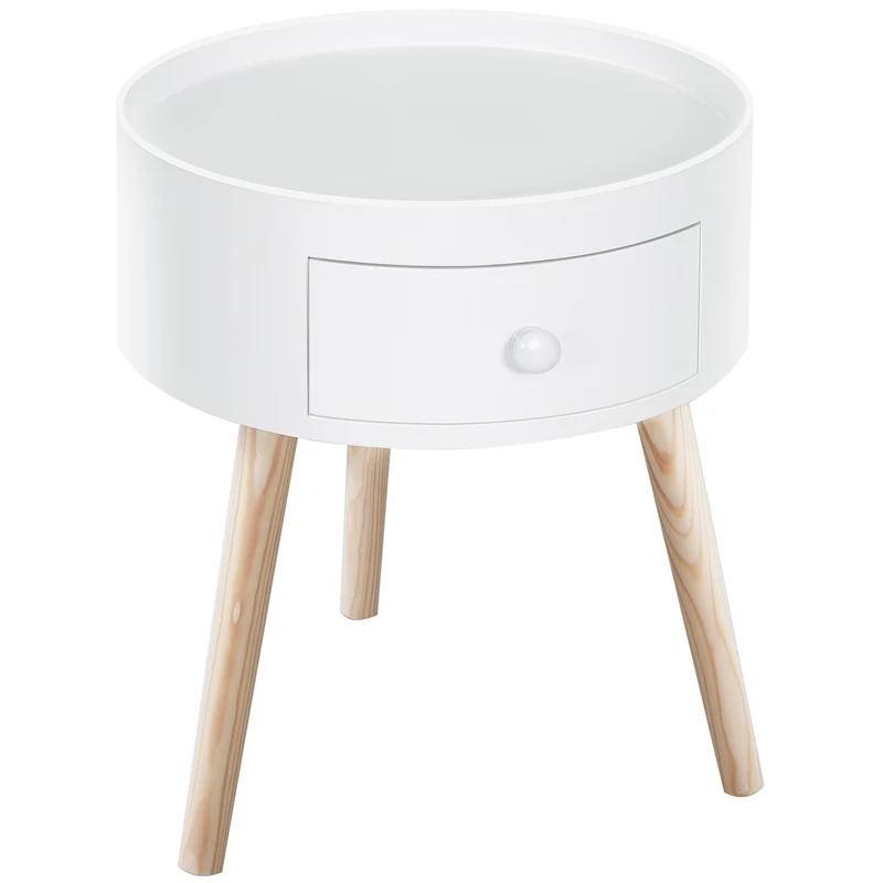 Mesa de Centro com Gaveta Redonda Design Escandinavo Borda Protetora Madeira Ø38x45 cm Branco