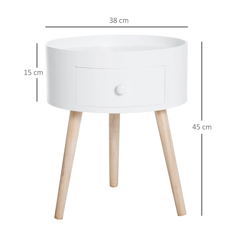 Mesa de Centro com Gaveta Redonda Design Escandinavo Borda Protetora Madeira Ø38x45 cm Branco