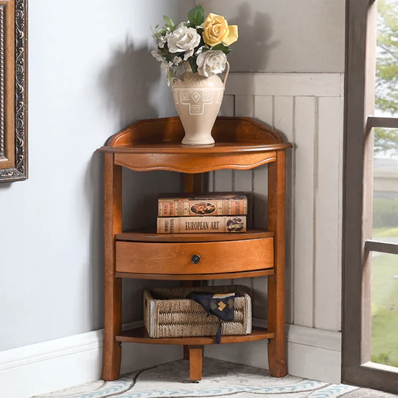 Traditional Chinese Triangular Fan-Shaped Birch Corner Shelf Unit 1-Drawer For Living Room