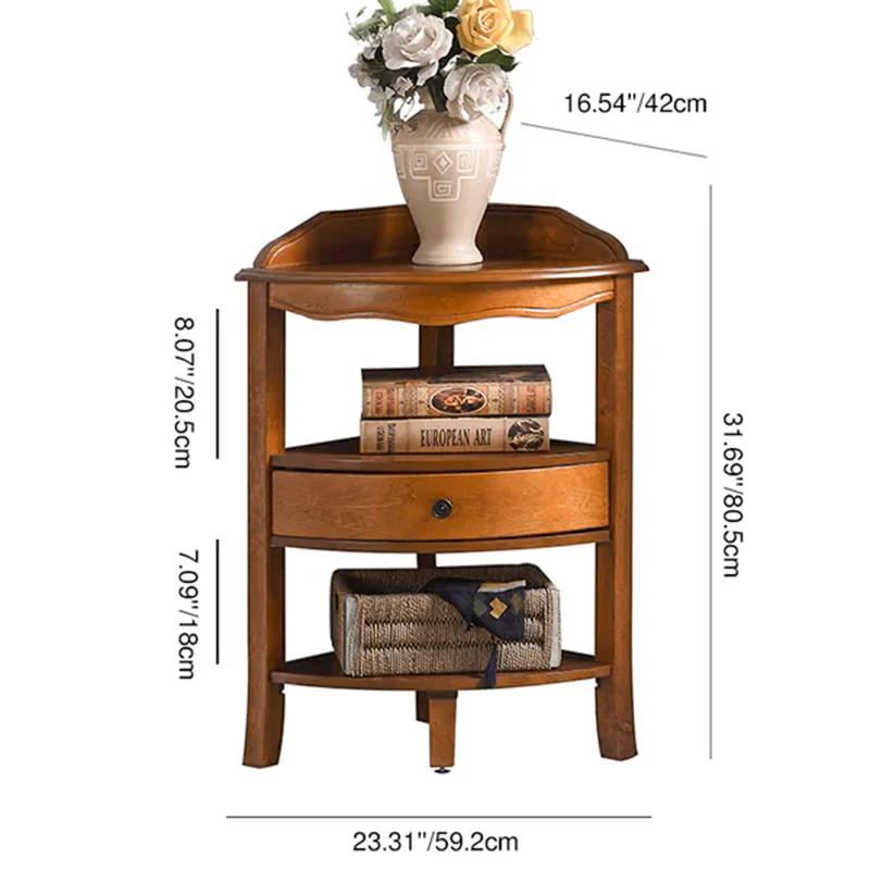 Traditional Chinese Triangular Fan-Shaped Birch Corner Shelf Unit 1-Drawer For Living Room