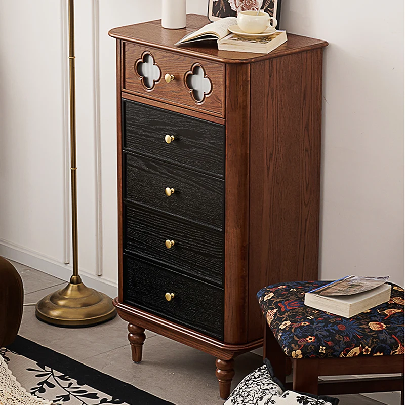 Traditional French Rectangular Pine Wood & Plywood Storage Cabinet 5-Drawer For Living Room